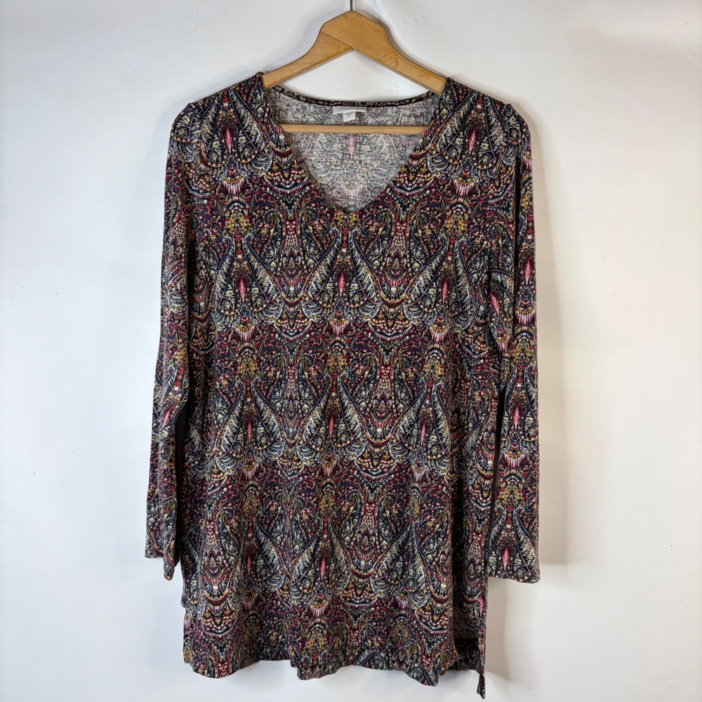 J. Jill Tunic Top Women Medium Multicolor Paisley V-Neck Long Sleeve Side Slit